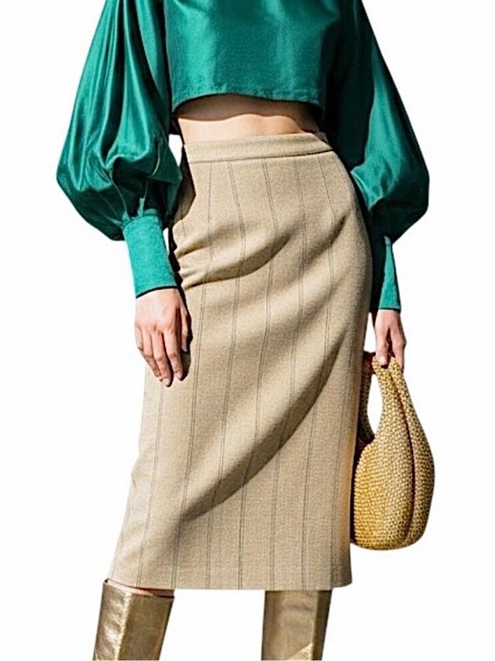 NWT 90s Canadian made black tan check knee length old money straight skirt 12
